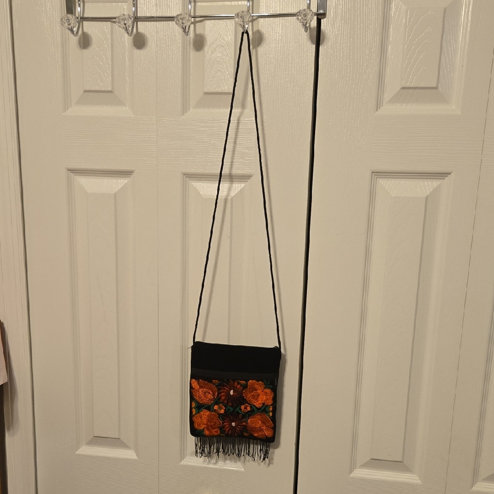 Embroidered Black and Orange Crossbody Bag